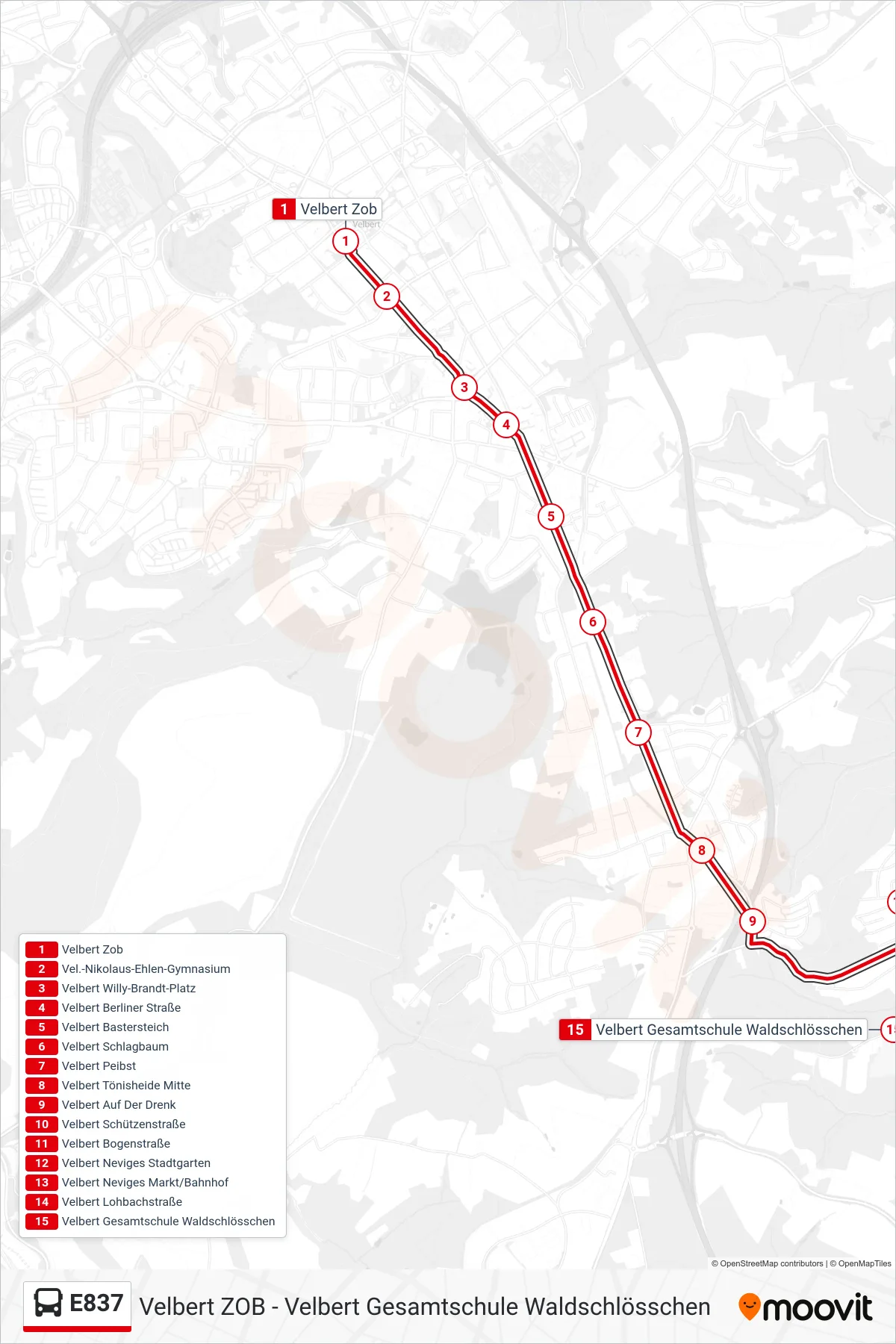 Linie E837 (Bus) Richtung Velbert Gesamtschule Waldschlösschen: Route und Haltestellen auf der Karte