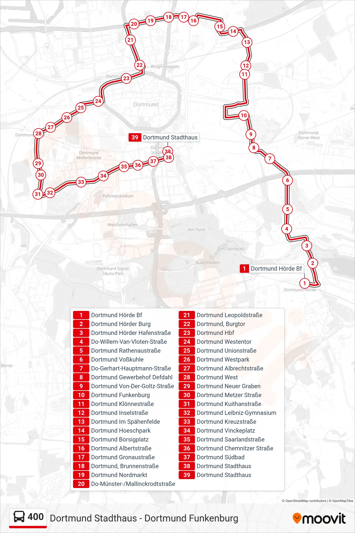 400 bus Line (Dortmund Stadthaus) route and stops on a map
