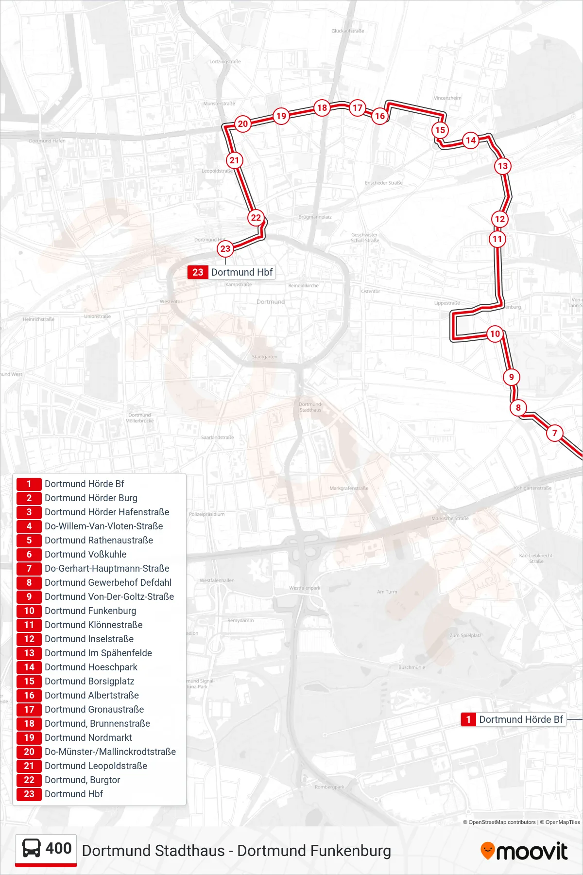 400 bus Line (Dortmund Hbf) route and stops on a map