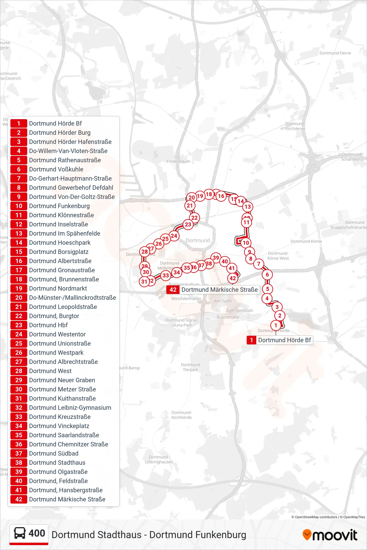 400 bus Line (Dortmund Märkische Straße) route and stops on a map