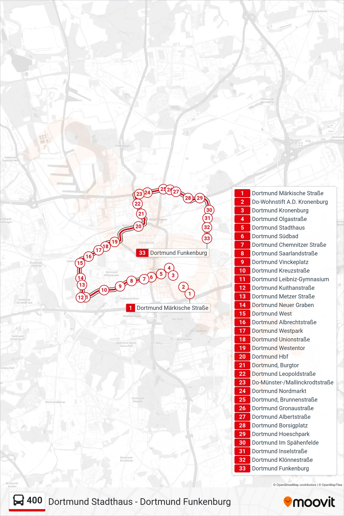 400 bus Line (Dortmund Funkenburg) route and stops on a map