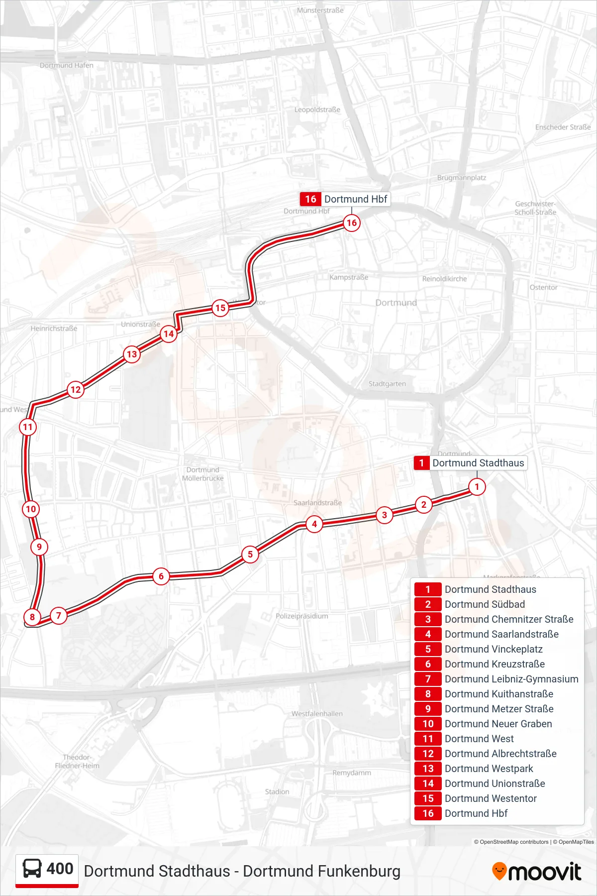 Linie 400 (Bus) Richtung Dortmund Hbf: Route und Haltestellen auf der Karte