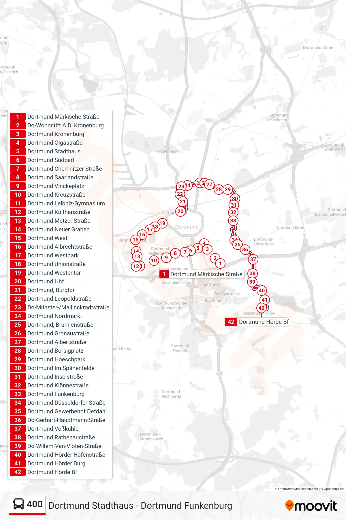 400 bus Line (Dortmund Hörde Bf) route and stops on a map