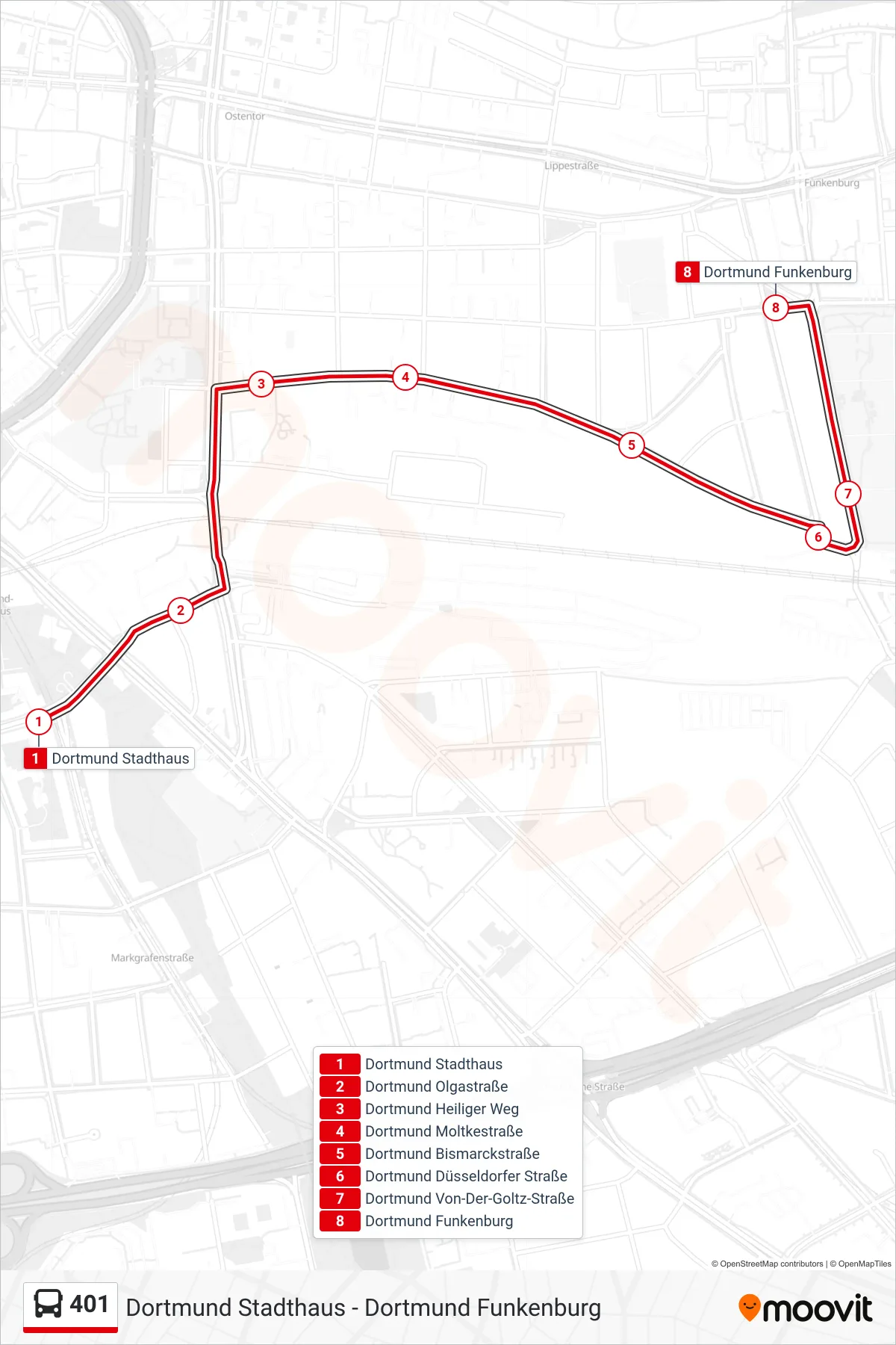 Linie 401 (Bus) Richtung Dortmund Funkenburg: Route und Haltestellen auf der Karte