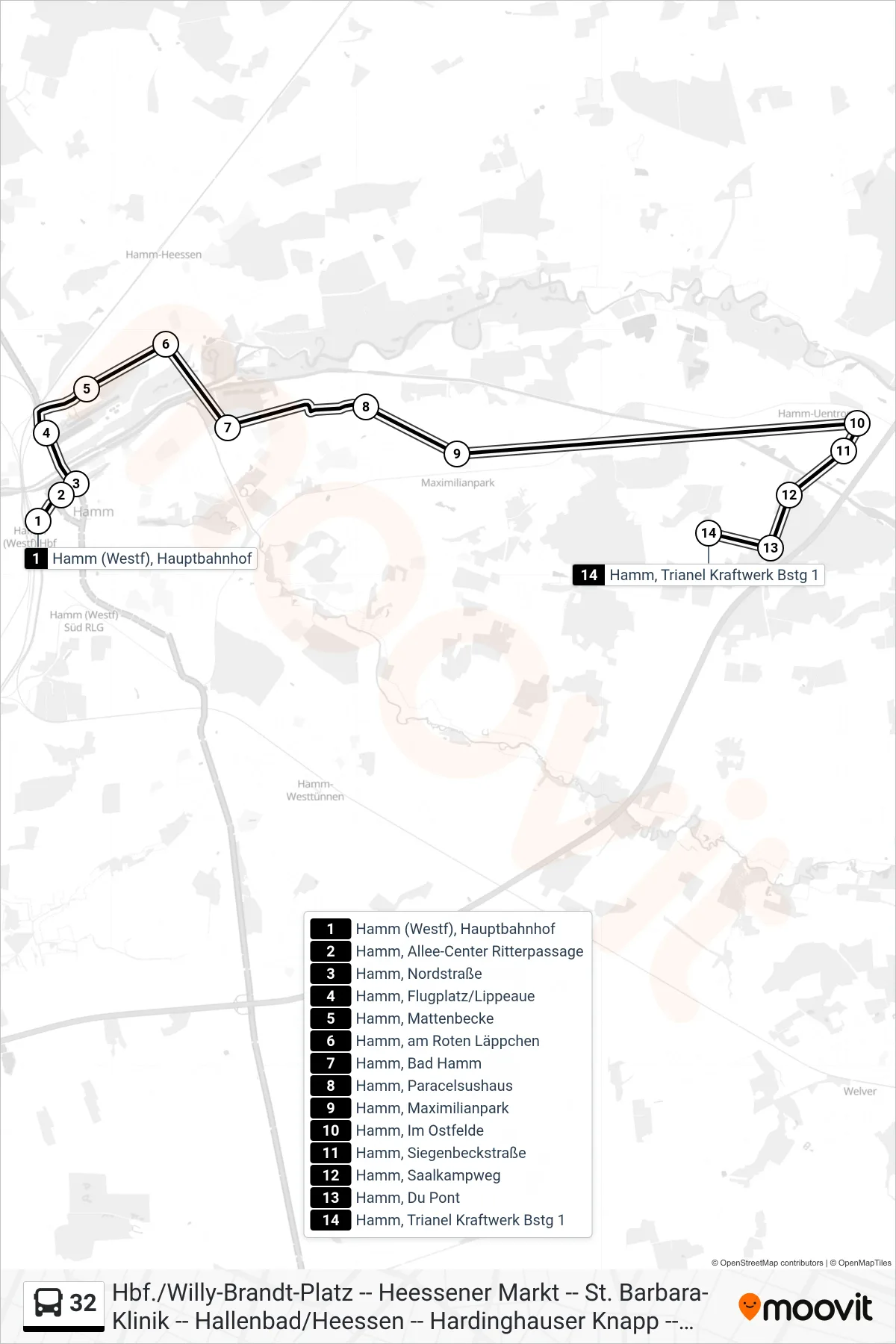32 bus Line (Hamm, Trianel Kraftwerk Bstg 1) route and stops on a map