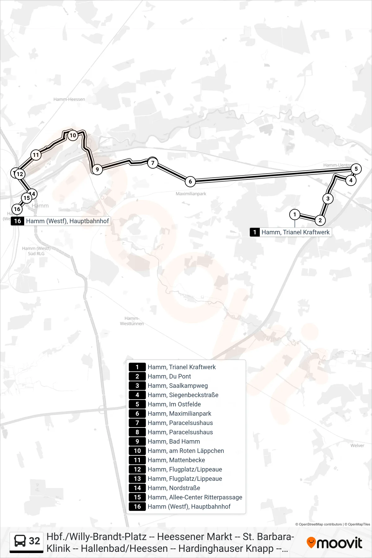 Linie 32 (Bus) Richtung Hamm (Westf), Hauptbahnhof Bstg 6: Route und Haltestellen auf der Karte