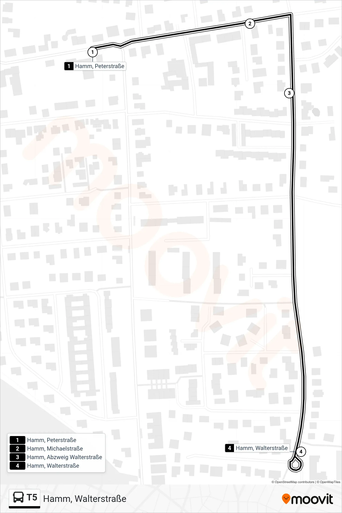 T5 bus Line (Hamm, Walterstraße) route and stops on a map