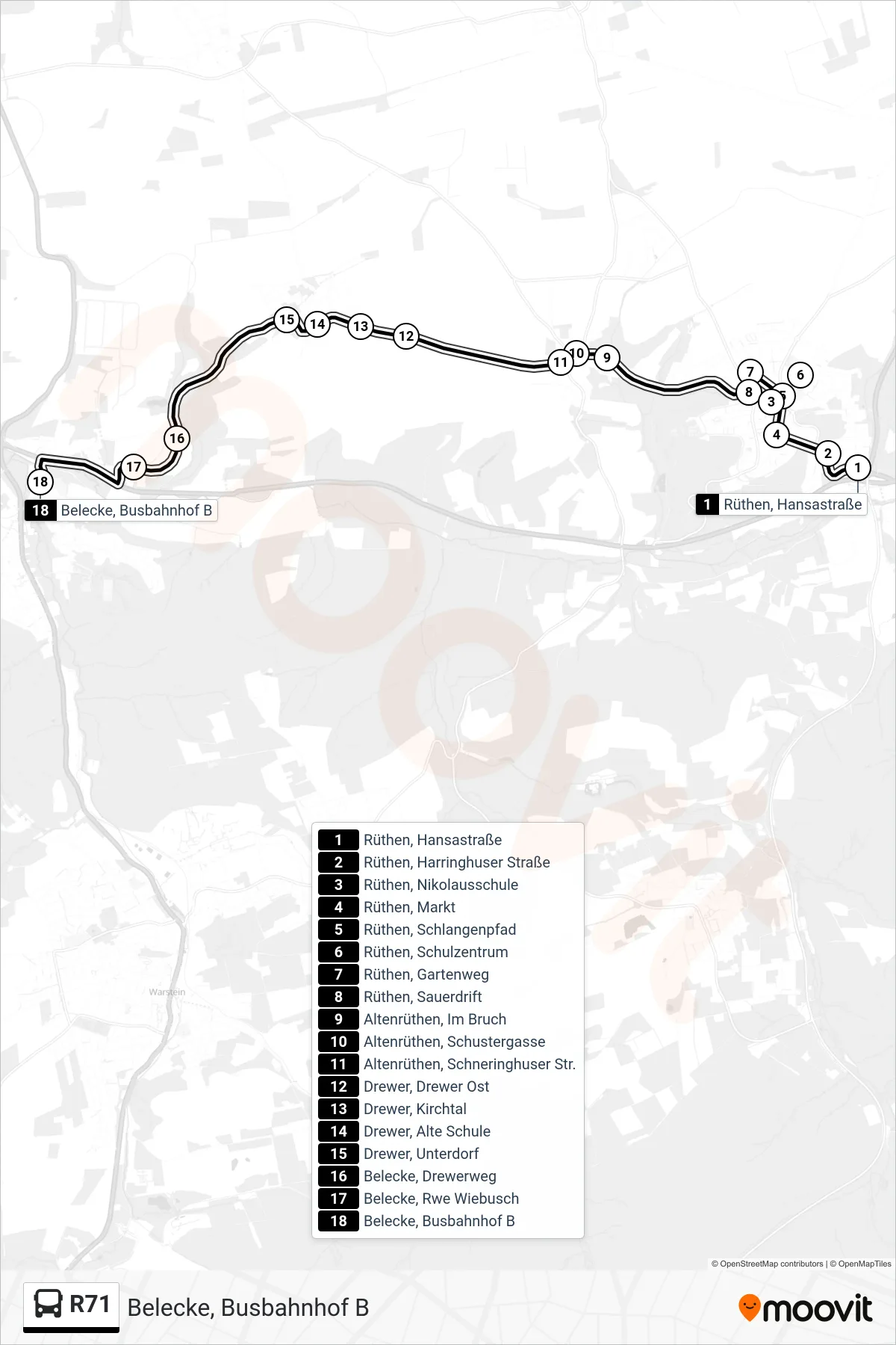 R71 bus Line (Belecke, Busbahnhof B) route and stops on a map