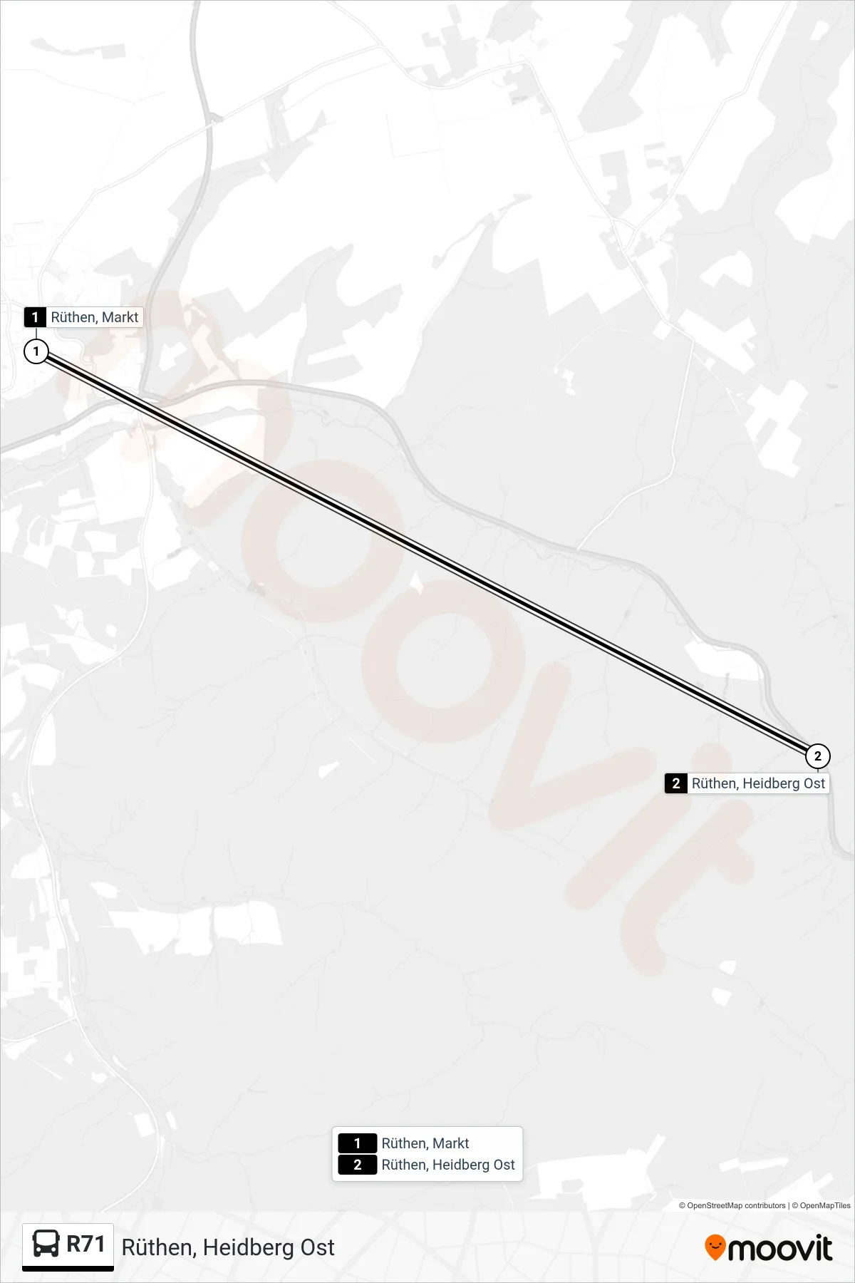 R71 bus Line (Rüthen, Heidberg Ost) route and stops on a map