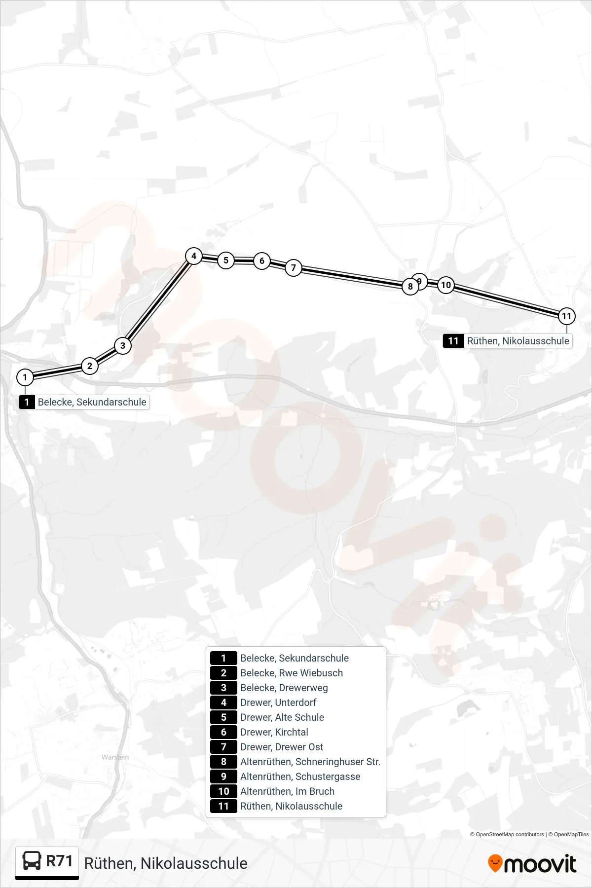 R71 bus Line (Rüthen, Nikolausschule) route and stops on a map