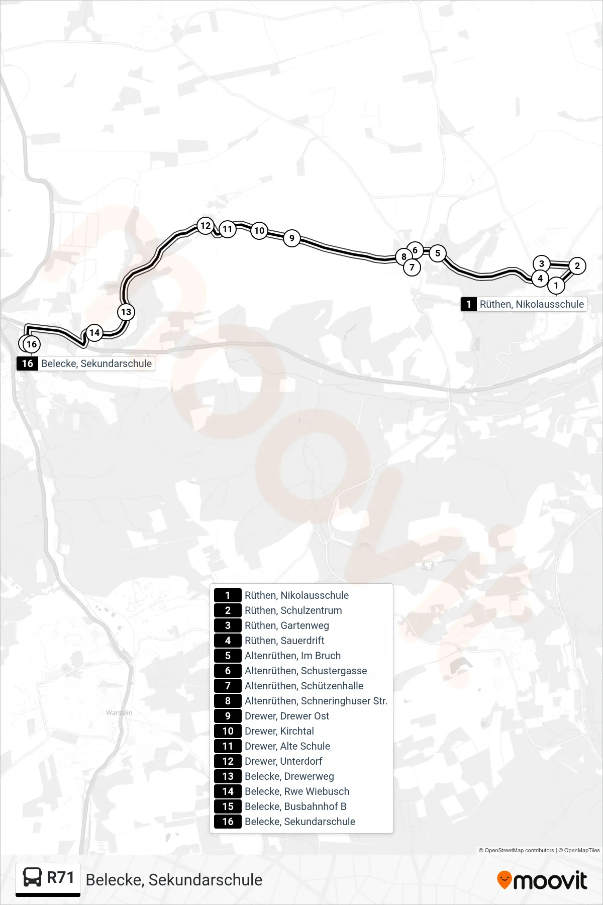 R71 bus Line (Belecke, Sekundarschule) route and stops on a map