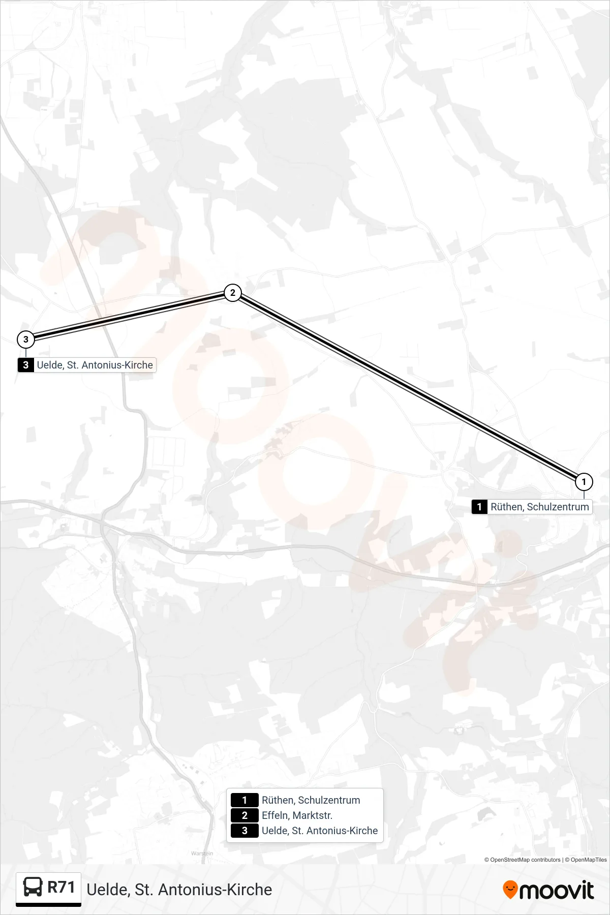 Linie R71 (Bus) Richtung Uelde, St. Antonius-Kirche: Route und Haltestellen auf der Karte