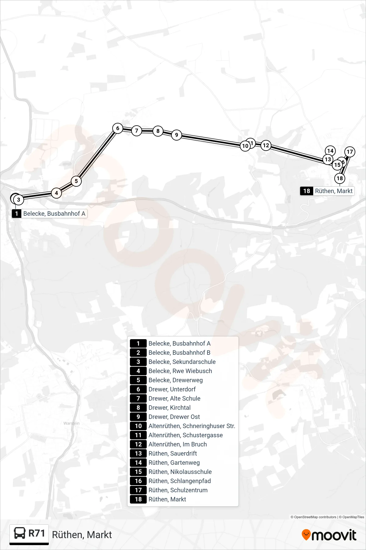 R71 bus Line (Rüthen, Markt) route and stops on a map