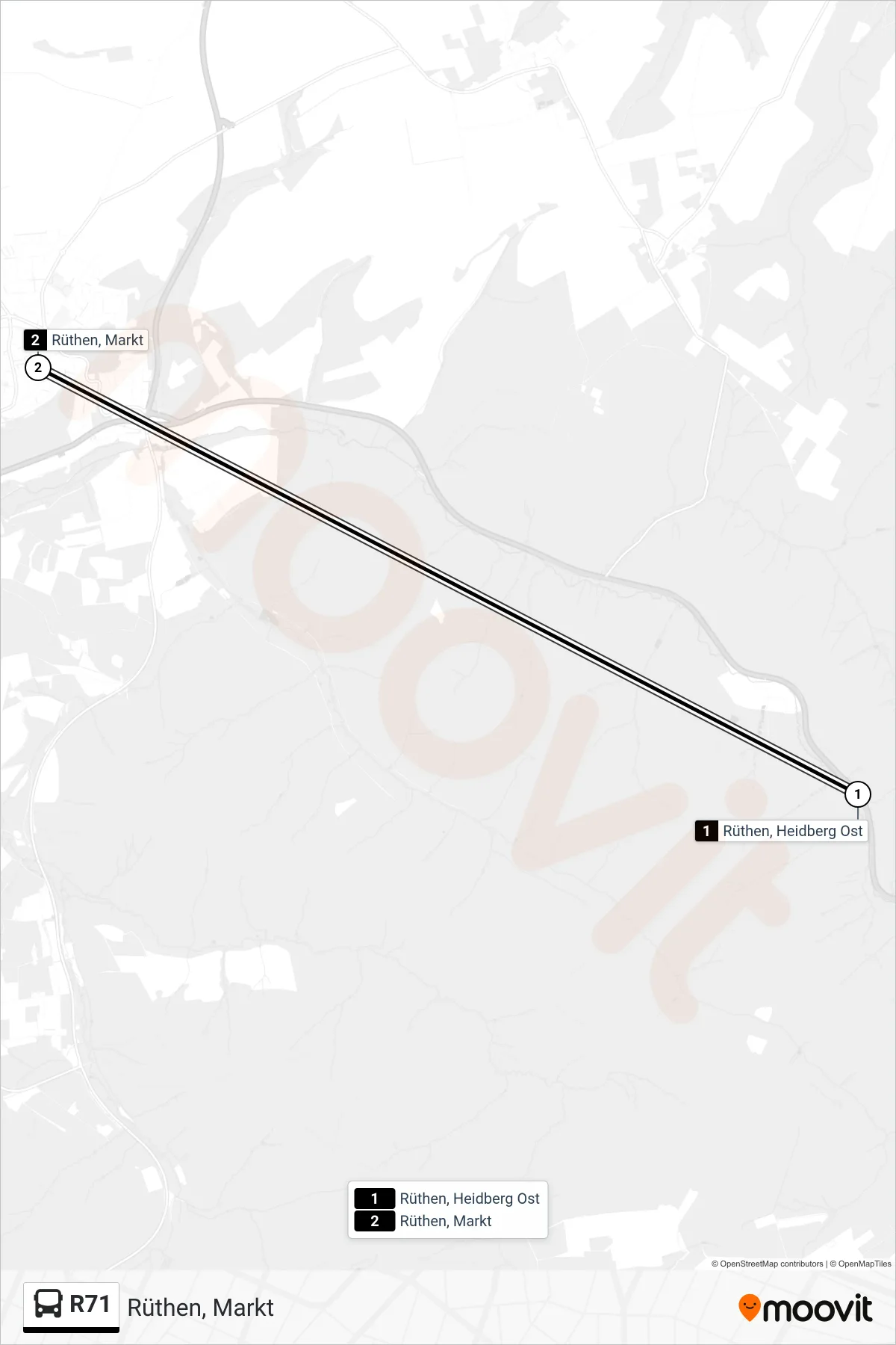 R71 bus Line (Rüthen, Markt) route and stops on a map