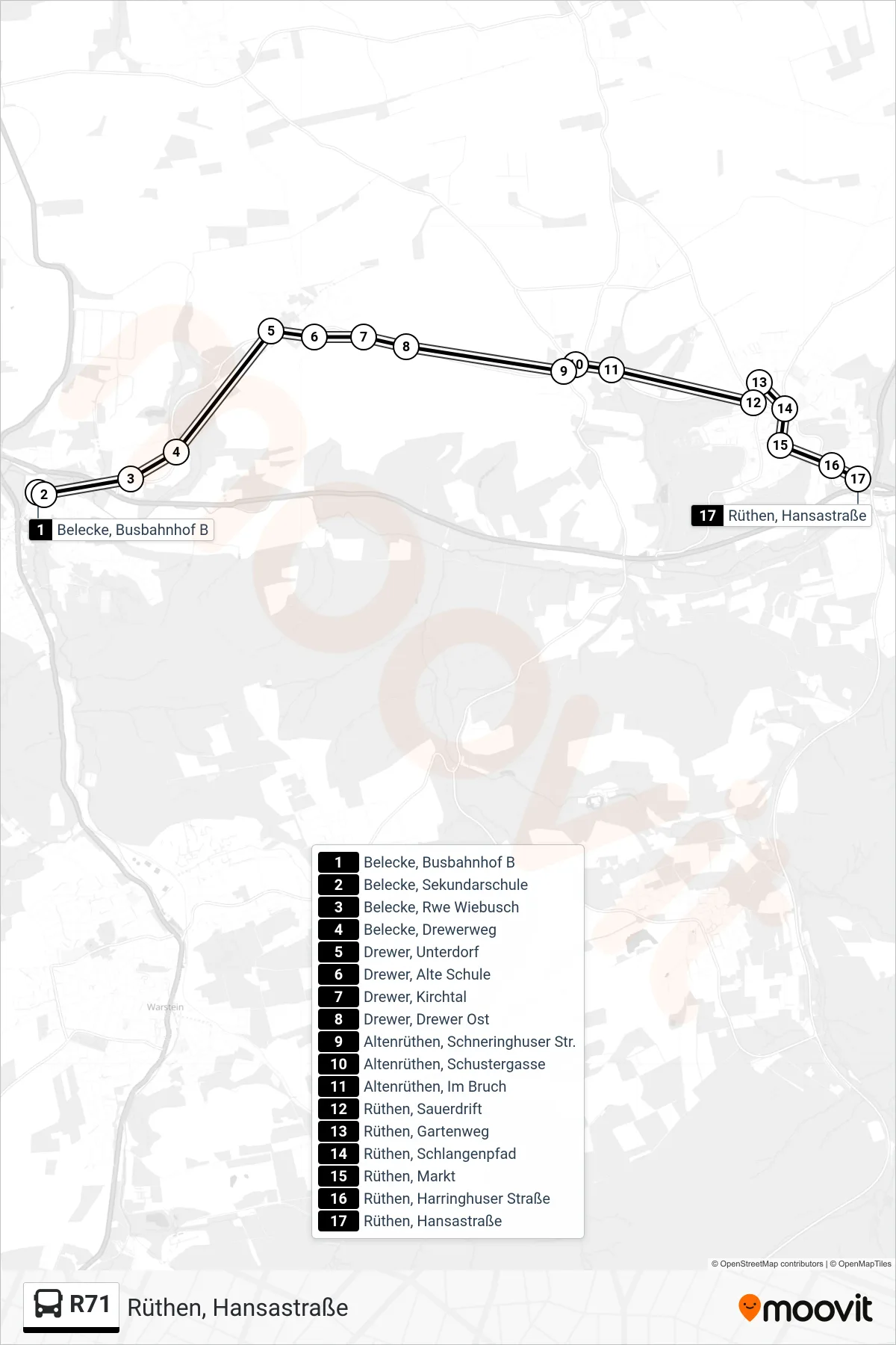 R71 bus Line (Rüthen, Hansastraße) route and stops on a map