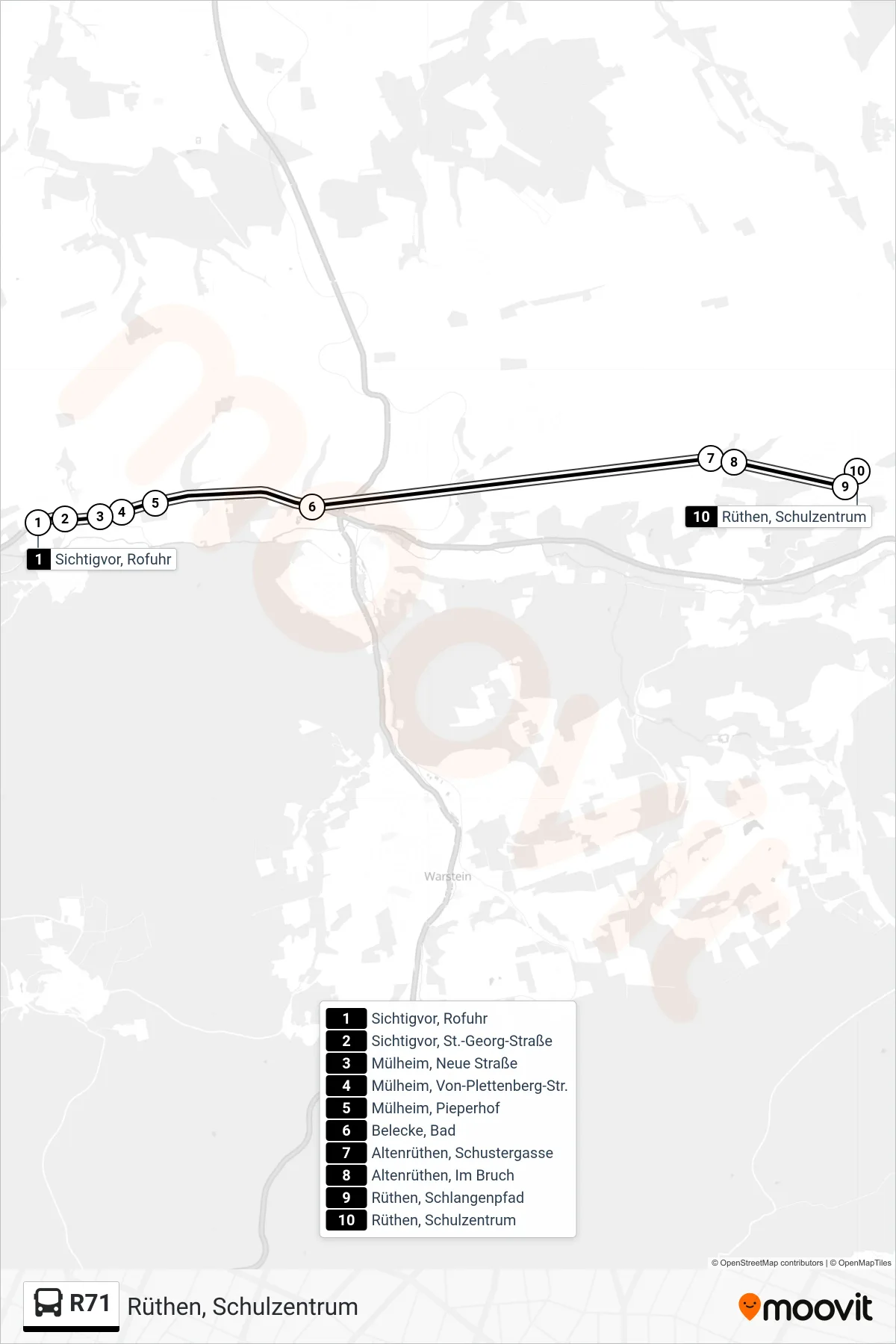 R71 bus Line (Rüthen, Schulzentrum) route and stops on a map
