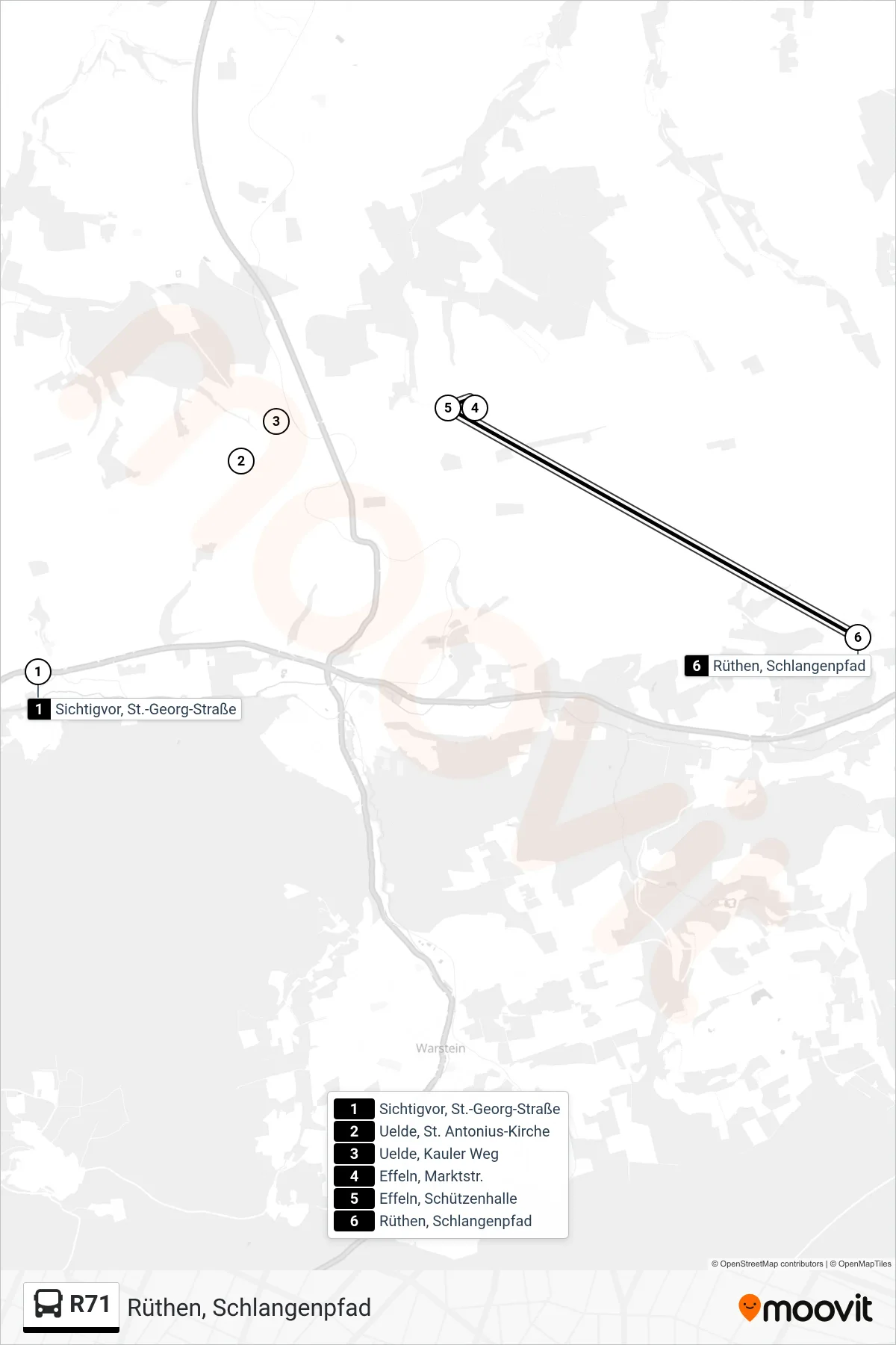 R71 bus Line (Rüthen, Schlangenpfad) route and stops on a map