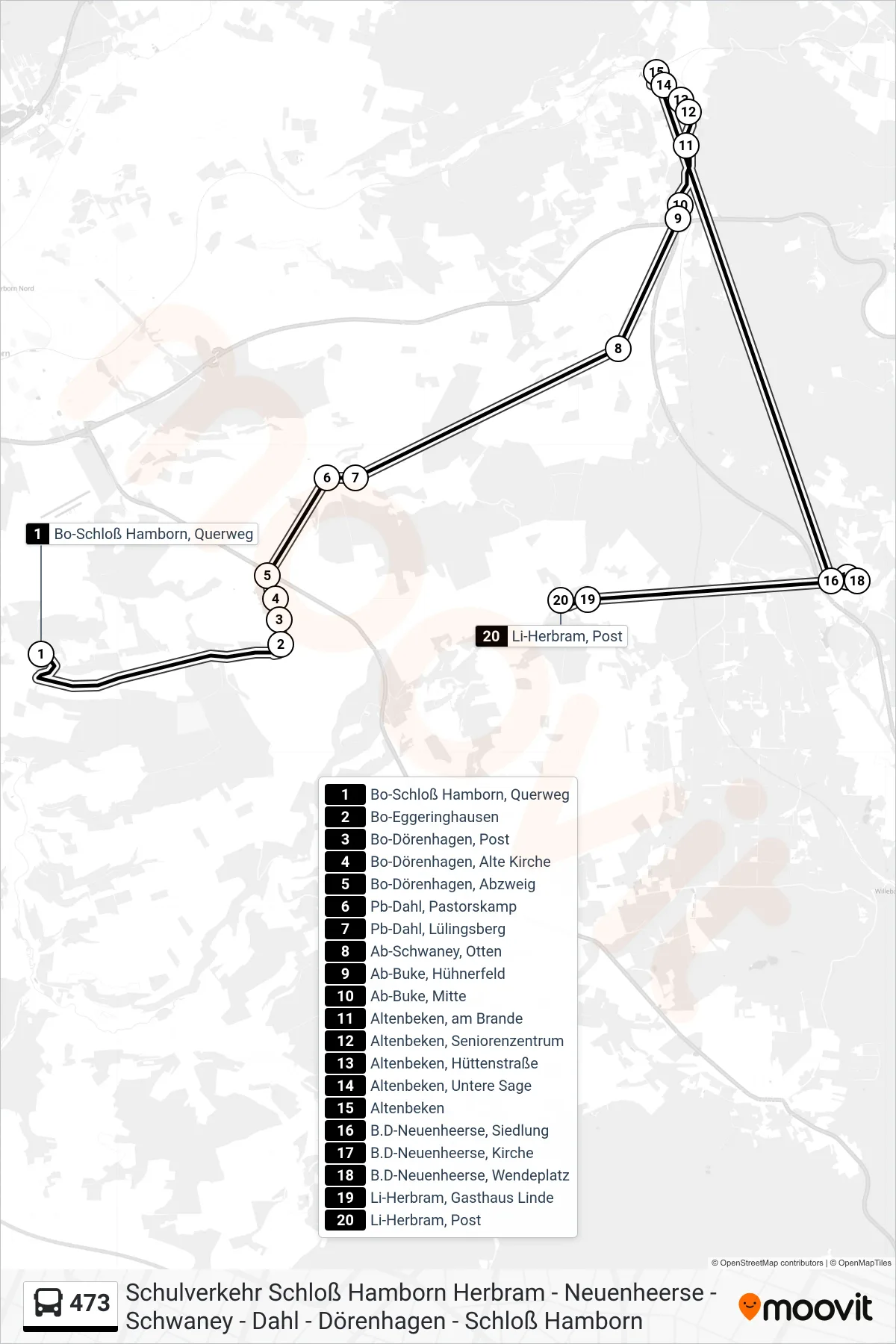 473 bus Line (Li-Herbram, Post) route and stops on a map