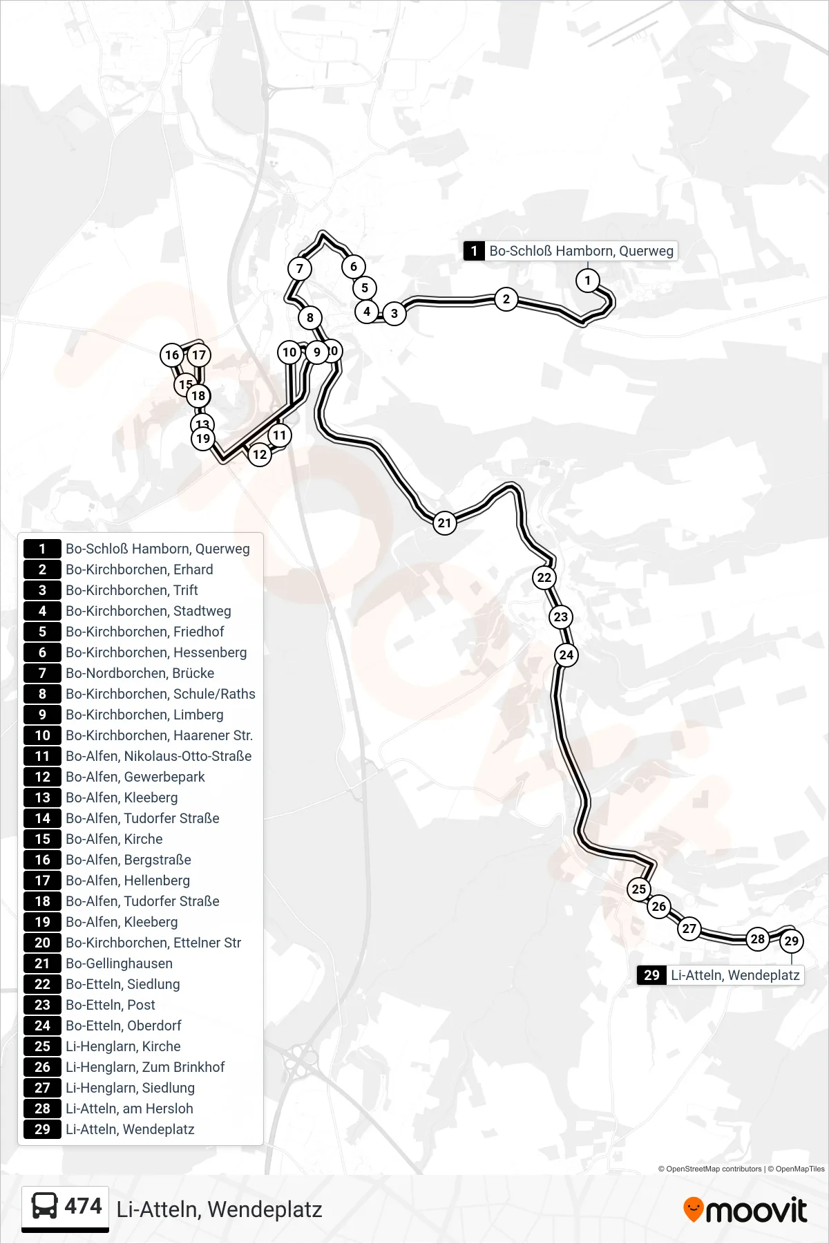 474 bus Line (Li-Atteln, Wendeplatz) route and stops on a map