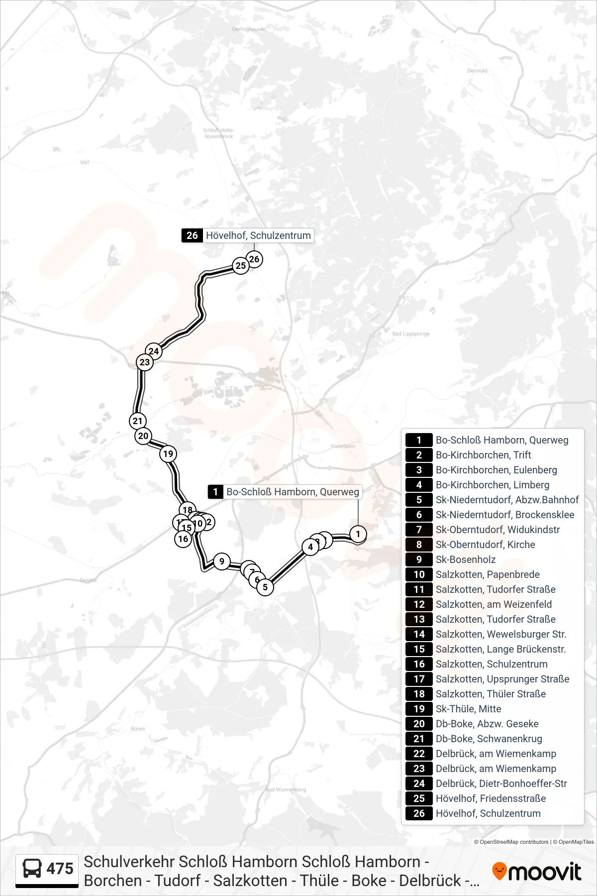 475 bus Line (Hövelhof, Schulzentrum) route and stops on a map