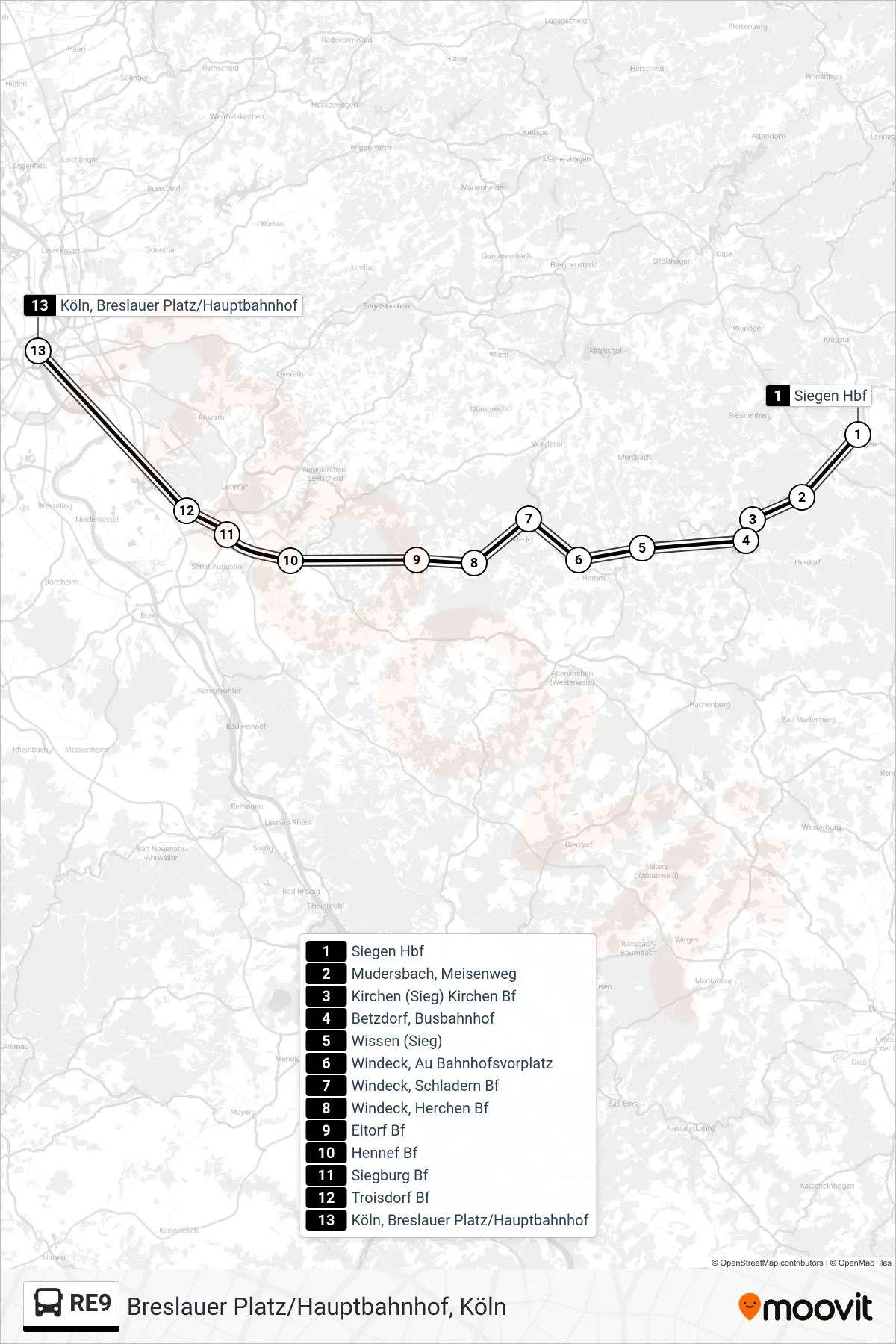Linie RE9 (Bus) Richtung Breslauer Platz/Hauptbahnhof, Köln: Route und Haltestellen auf der Karte