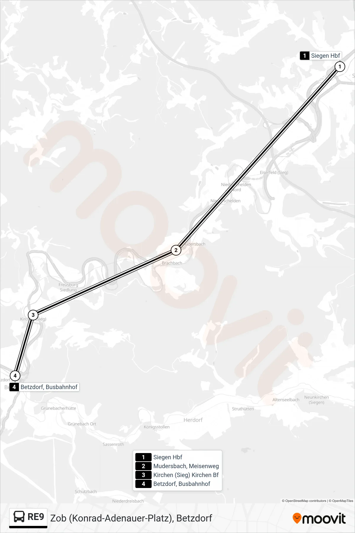 Linie RE9 (Bus) Richtung Zob (Konrad-Adenauer-Platz), Betzdorf: Route und Haltestellen auf der Karte