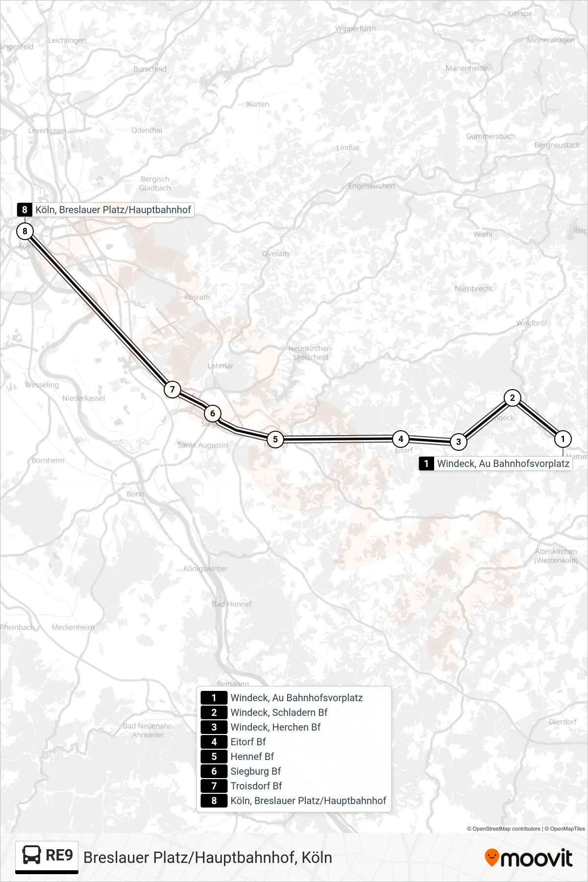 RE9 bus Line (Breslauer Platz/Hauptbahnhof, Köln) route and stops on a map