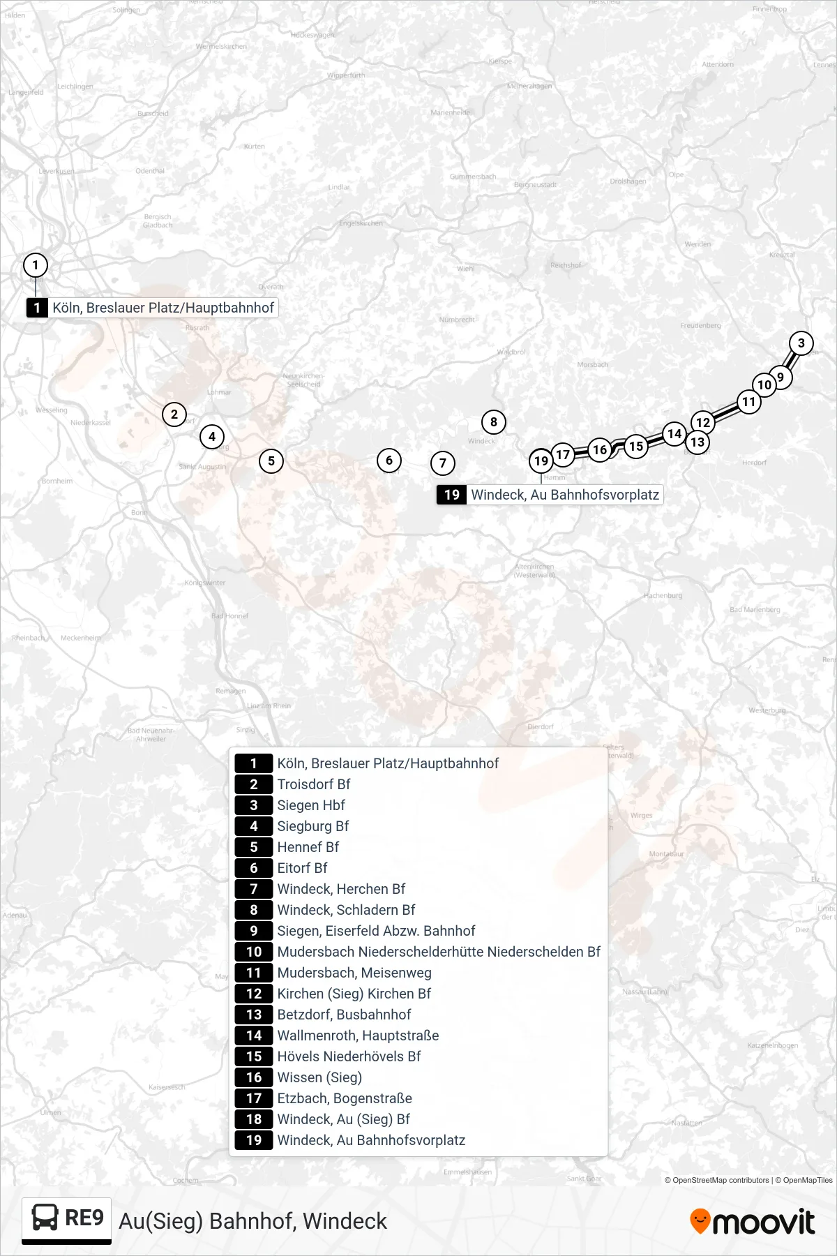 RE9 bus Line (Au(Sieg) Bahnhof, Windeck) route and stops on a map