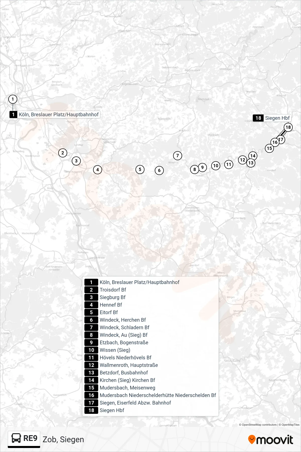 Linie RE9 (Bus) Richtung Zob, Siegen: Route und Haltestellen auf der Karte