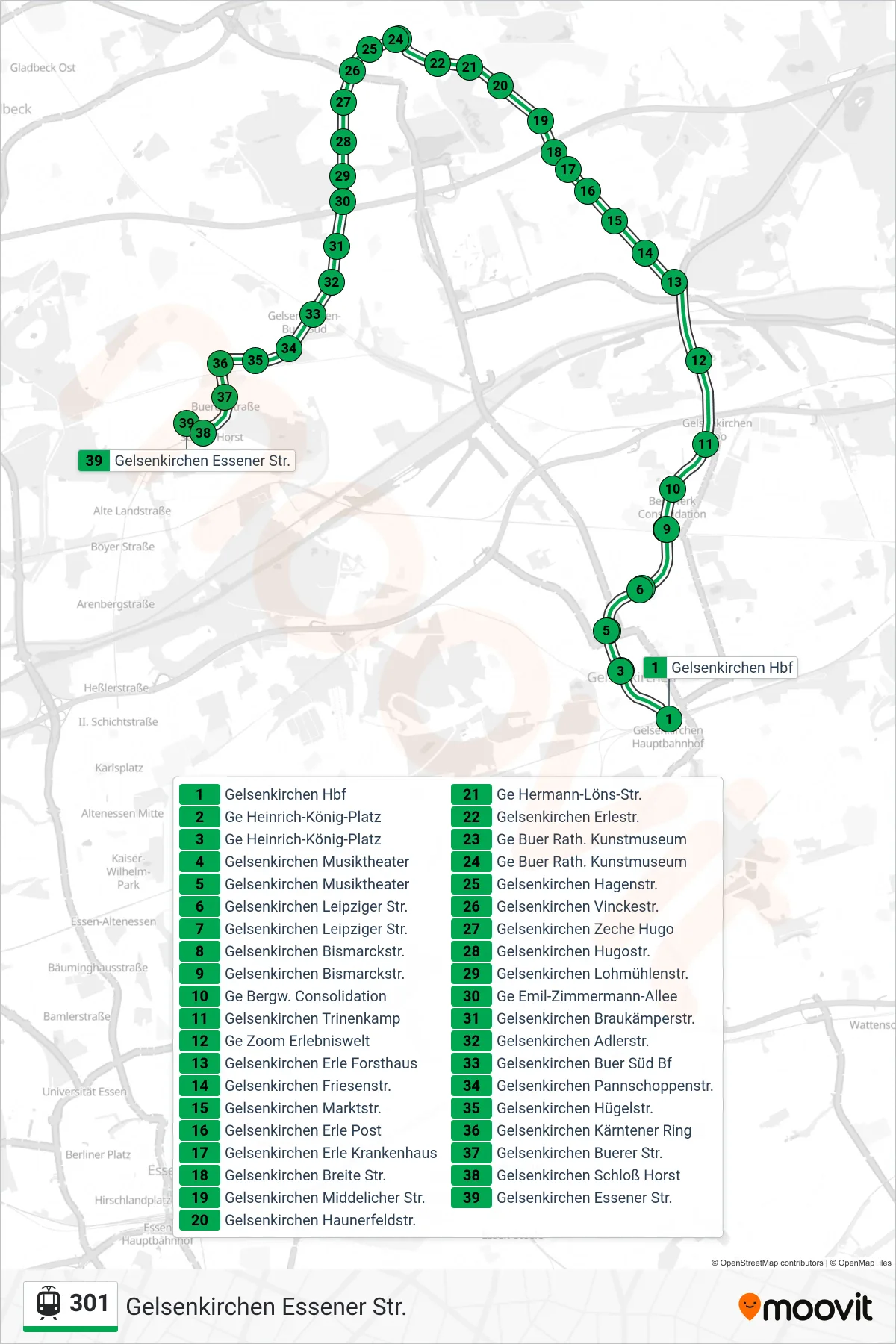 301 light rail Line (Gelsenkirchen Essener Str.) route and stops on a map