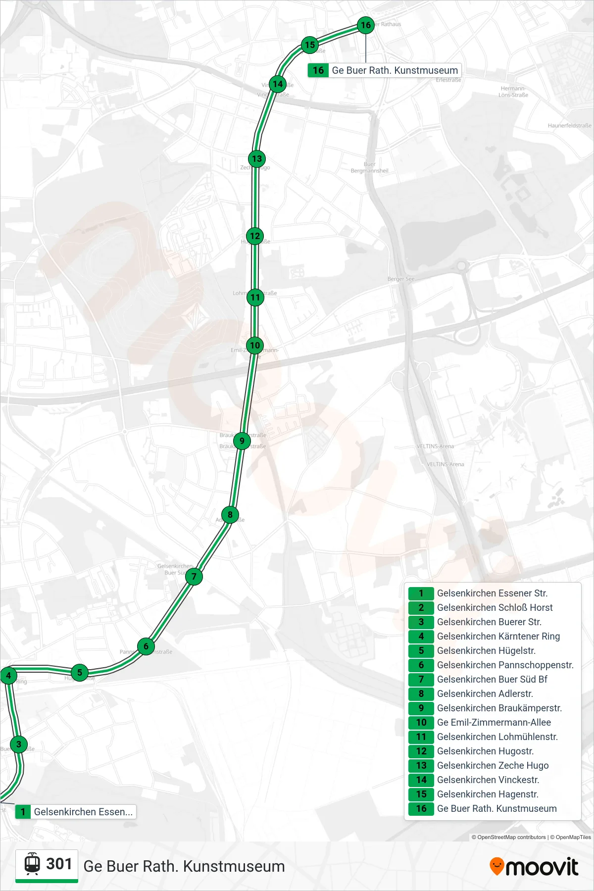 301 light rail Line (Ge Buer Rath. Kunstmuseum) route and stops on a map