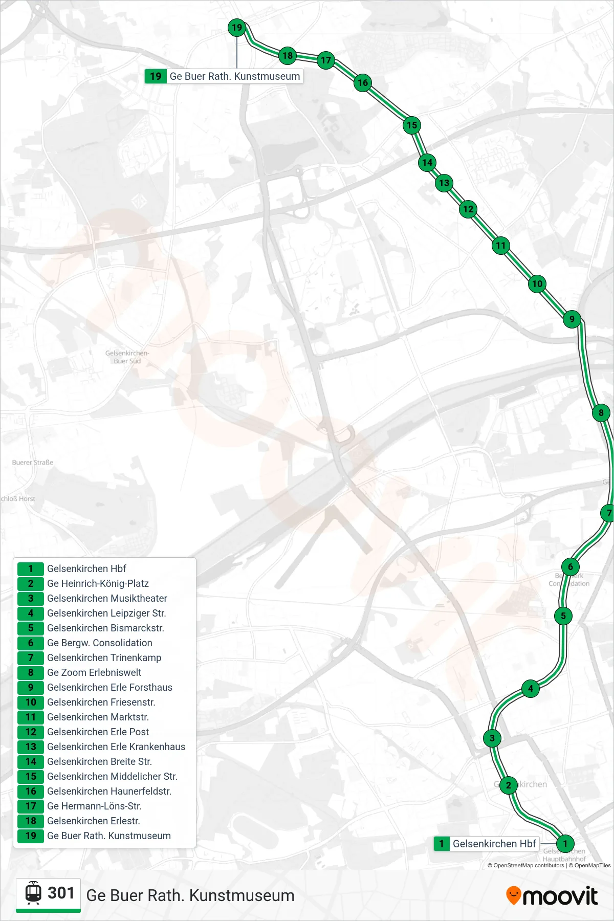 301 light rail Line (Ge Buer Rath. Kunstmuseum) route and stops on a map