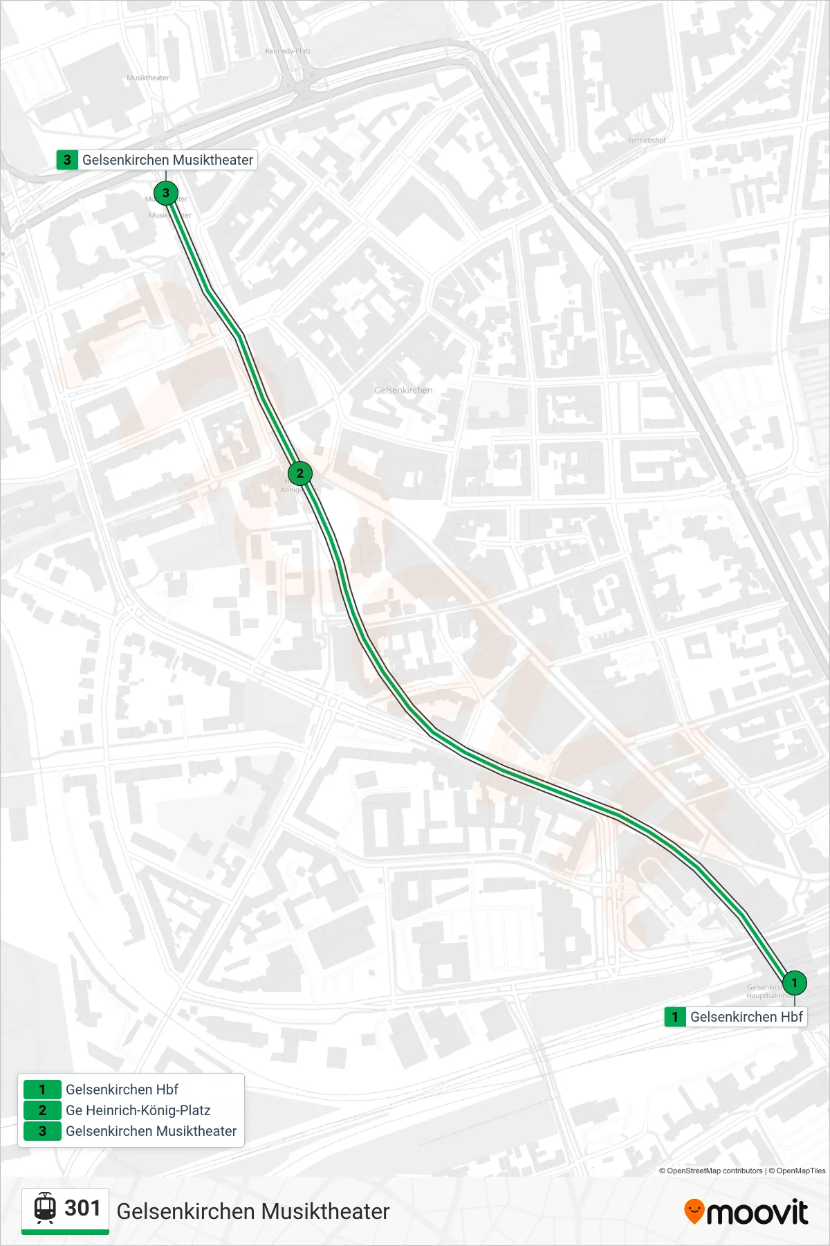 301 tram Line (Gelsenkirchen Musiktheater) route and stops on a map