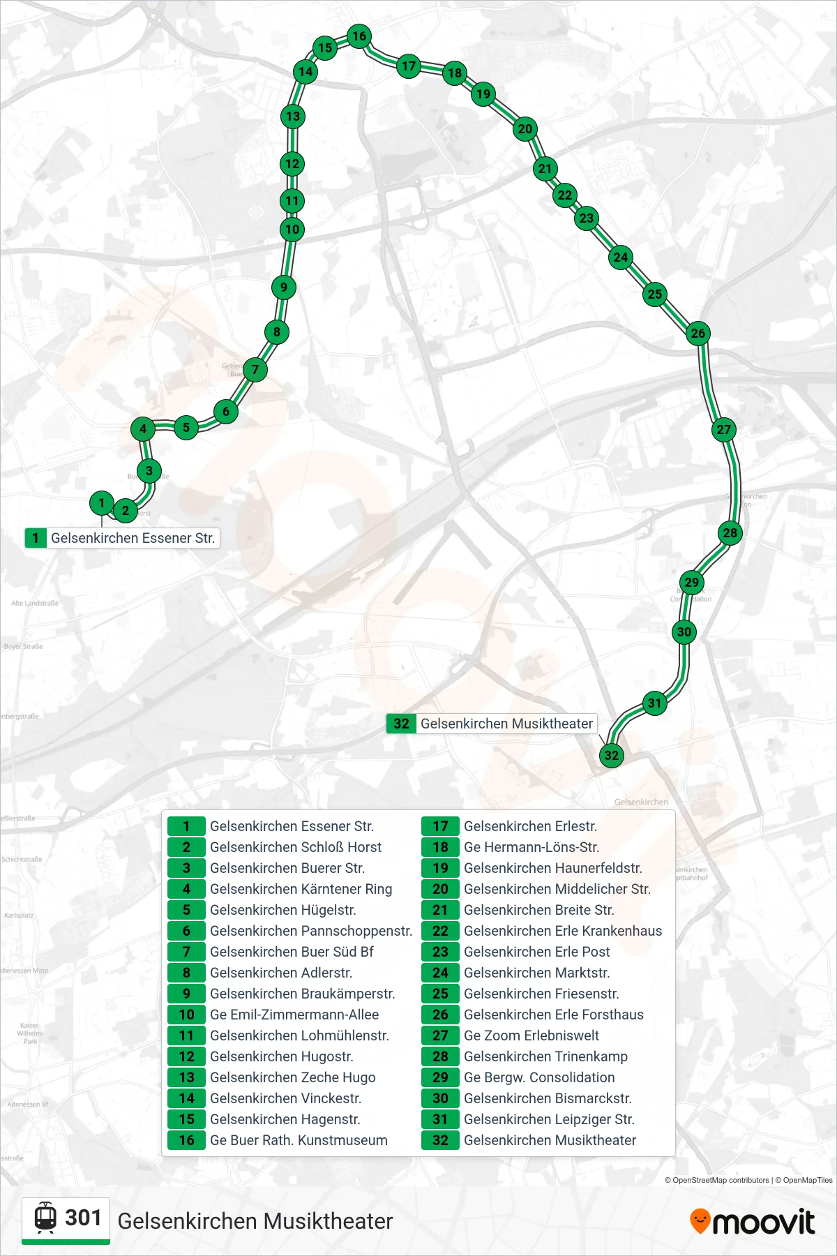 301 light rail Line (Gelsenkirchen Musiktheater) route and stops on a map
