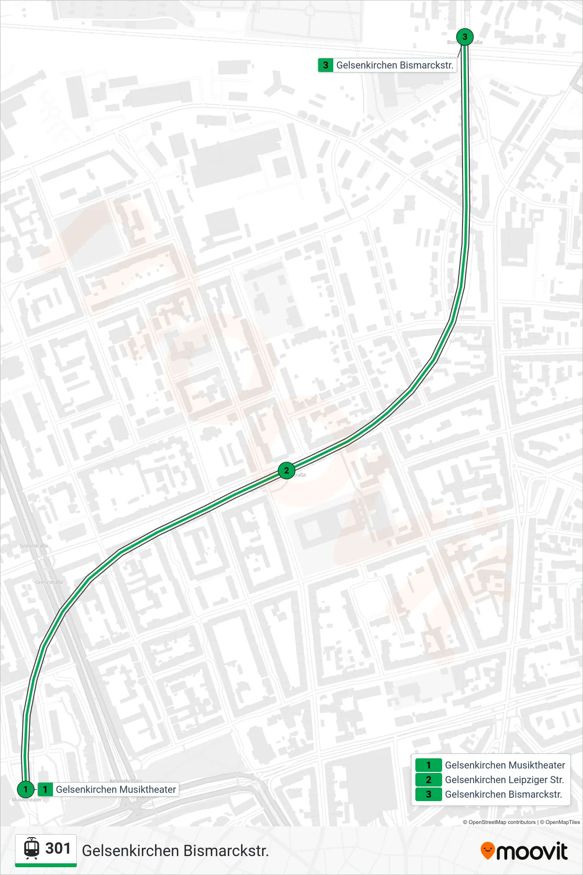 Linie 301 (Straßenbahn) Richtung Gelsenkirchen Bismarckstr.: Route und Haltestellen auf der Karte