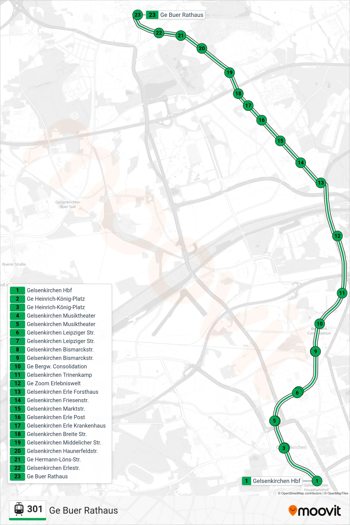 Linie 301 (Straßenbahn) Richtung Ge Buer Rathaus: Route und Haltestellen auf der Karte