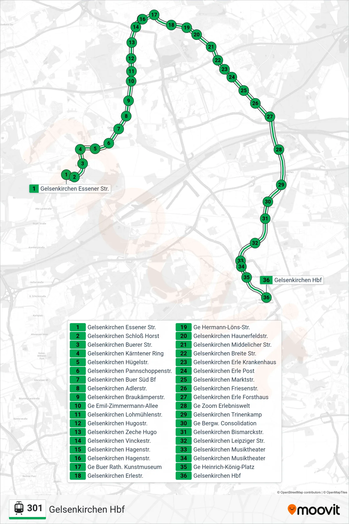 Linie 301 (Straßenbahn) Richtung Gelsenkirchen Hbf: Route und Haltestellen auf der Karte