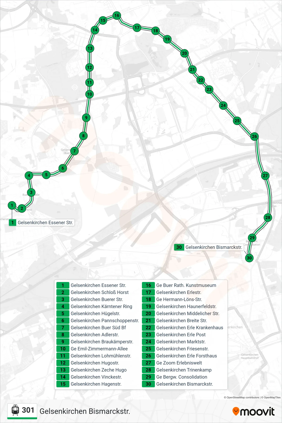 Linie 301 (Tram) Richtung Gelsenkirchen Bismarckstr.: Route und Haltestellen auf der Karte