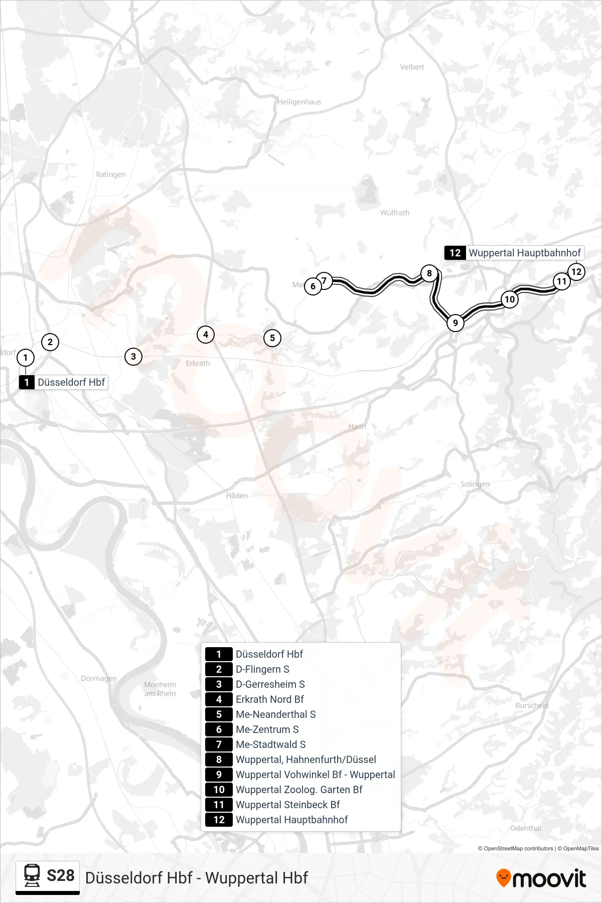 S28 train Line (Wuppertal Hbf) route and stops on a map