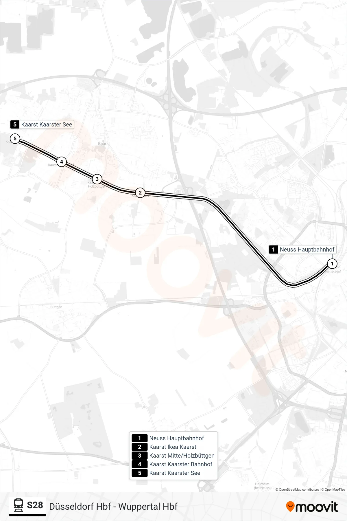 S28 train Line (Kaarst Kaarster See) route and stops on a map