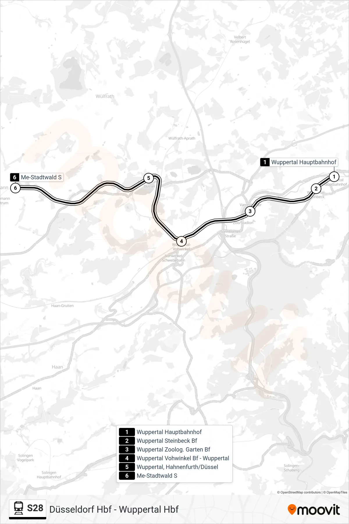 S28 rail Line (Me-Stadtwald S) route and stops on a map