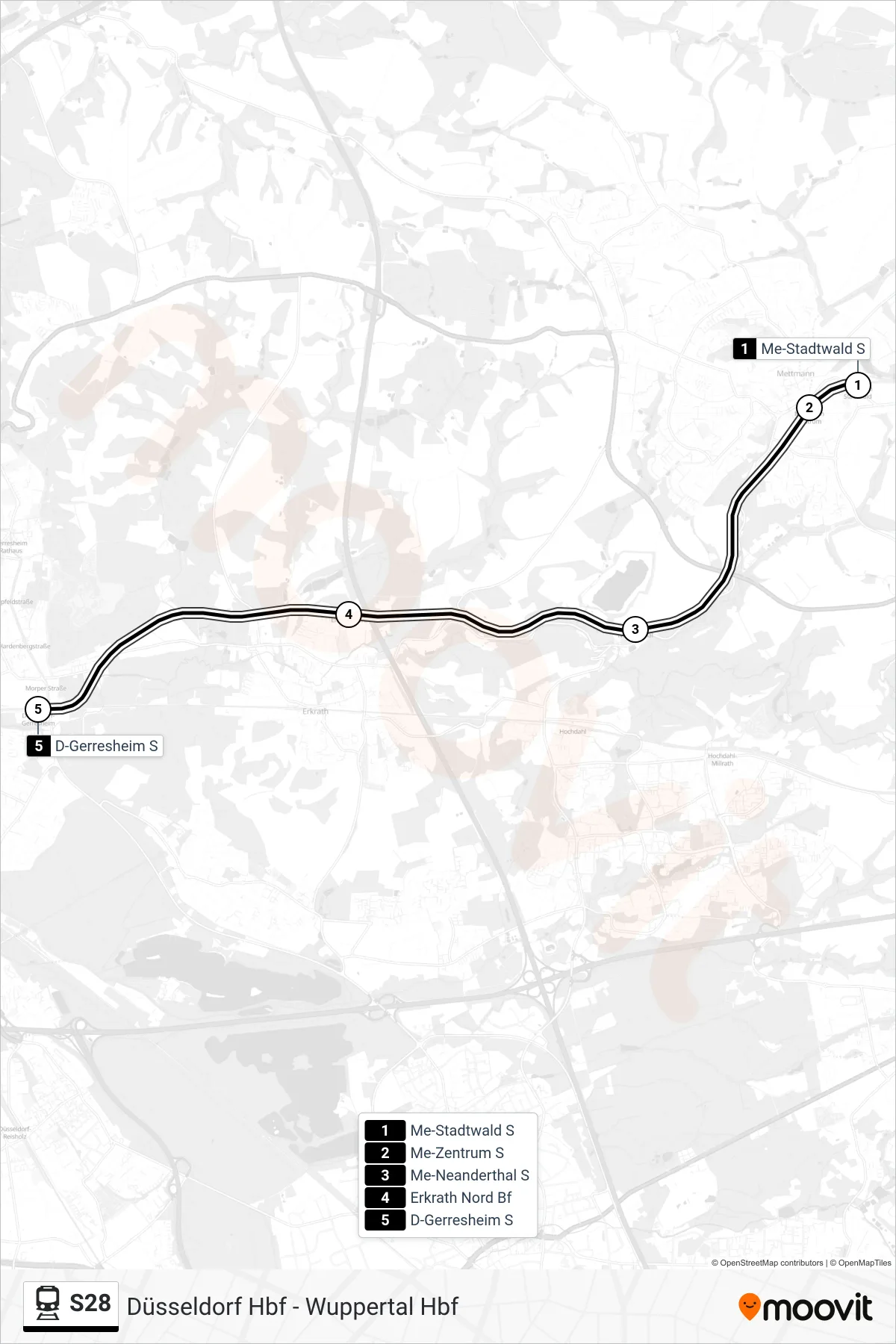 Linie S28 (Bahn) Richtung D-Gerresheim S: Route und Haltestellen auf der Karte