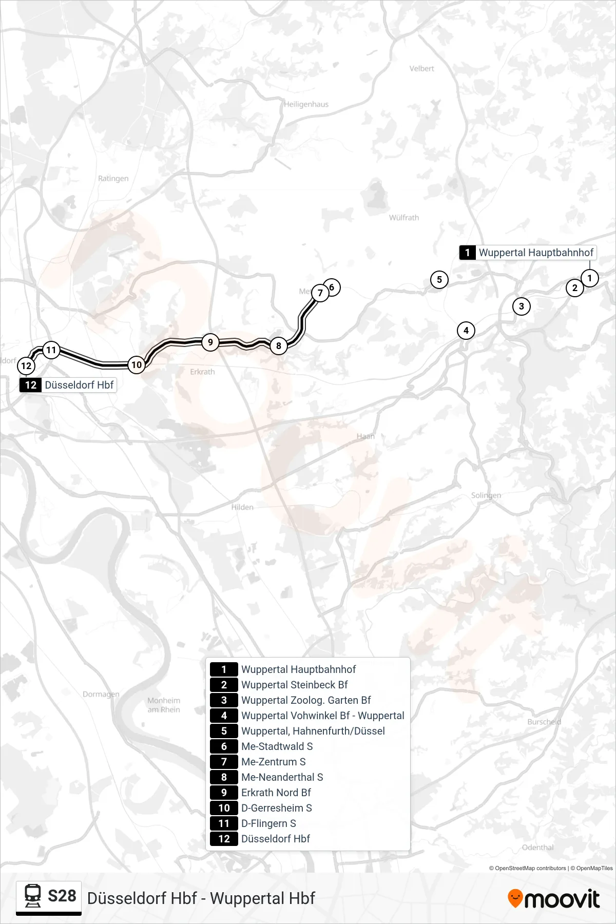 S28 train Line (Düsseldorf Hbf) route and stops on a map