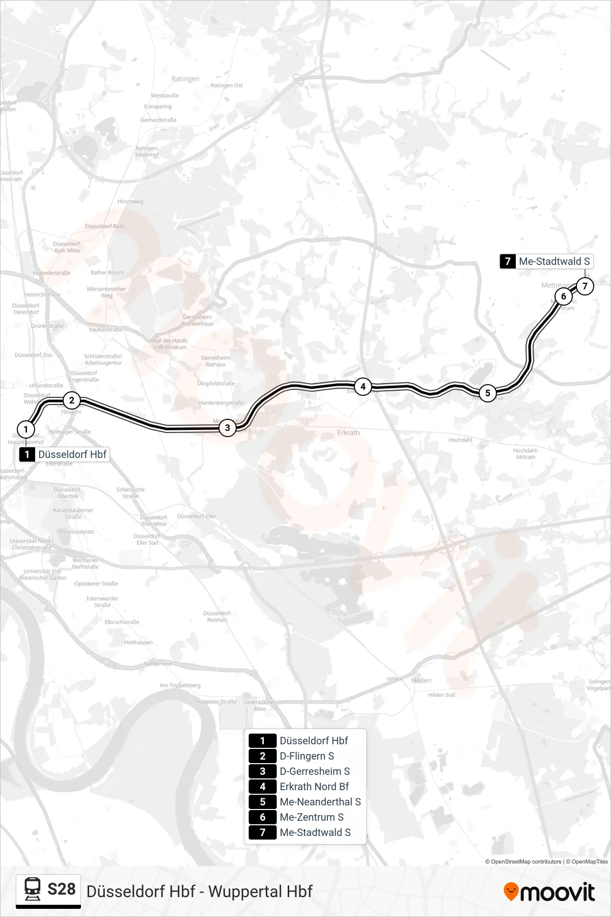 S28 train Line (Me-Stadtwald S) route and stops on a map
