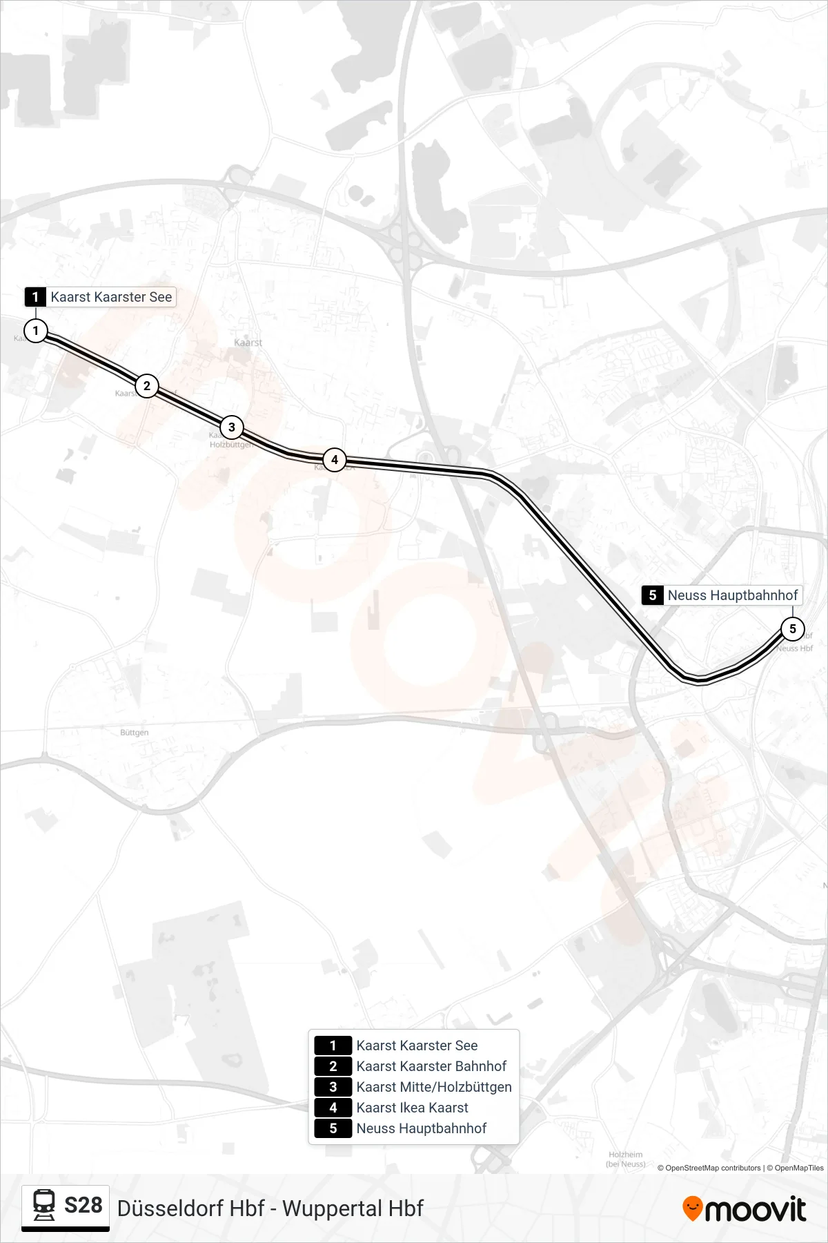 Linie S28 (Bahn) Richtung Neuss Hauptbahnhof: Route und Haltestellen auf der Karte