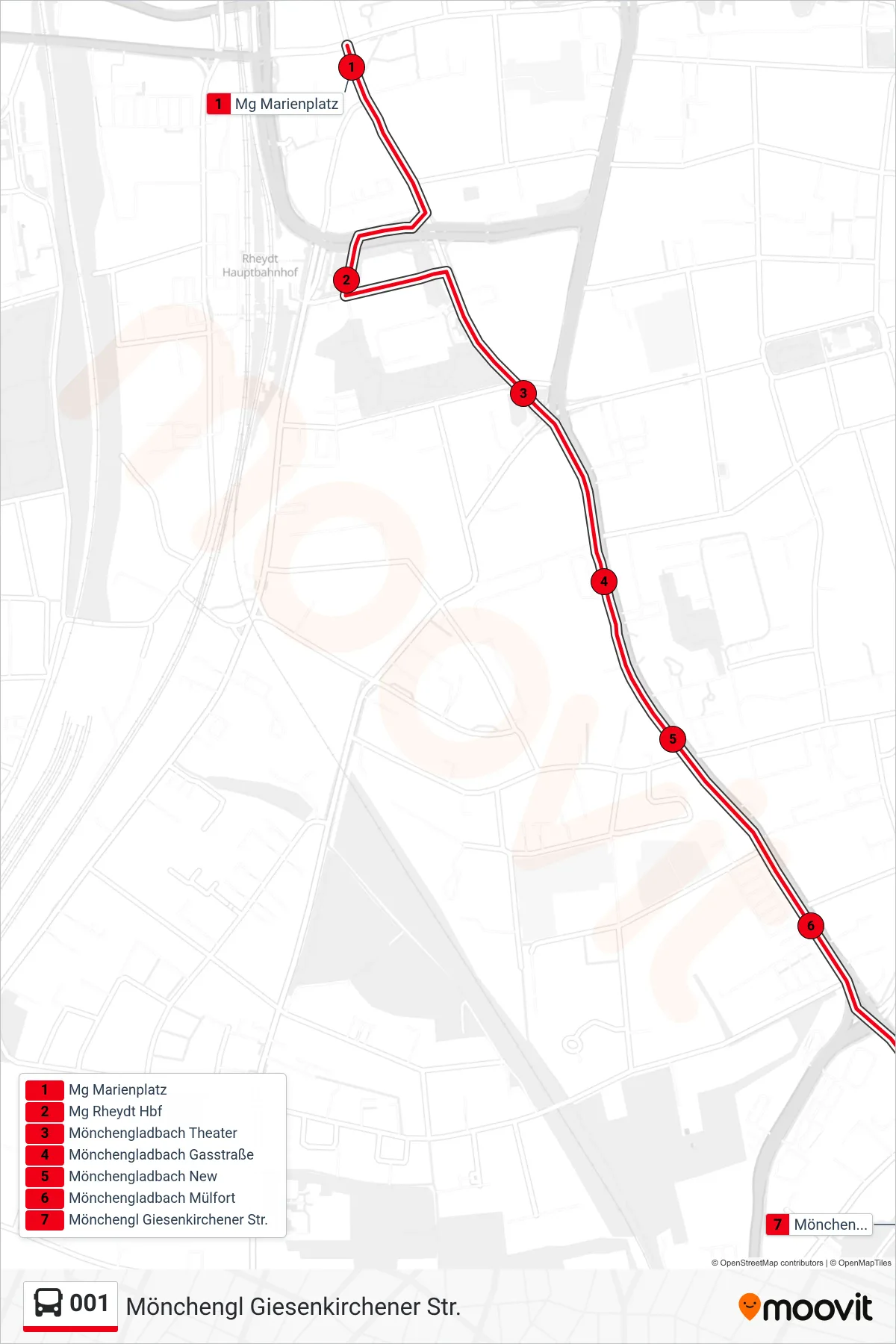 001 bus Line (Mönchengl Giesenkirchener Str.) route and stops on a map