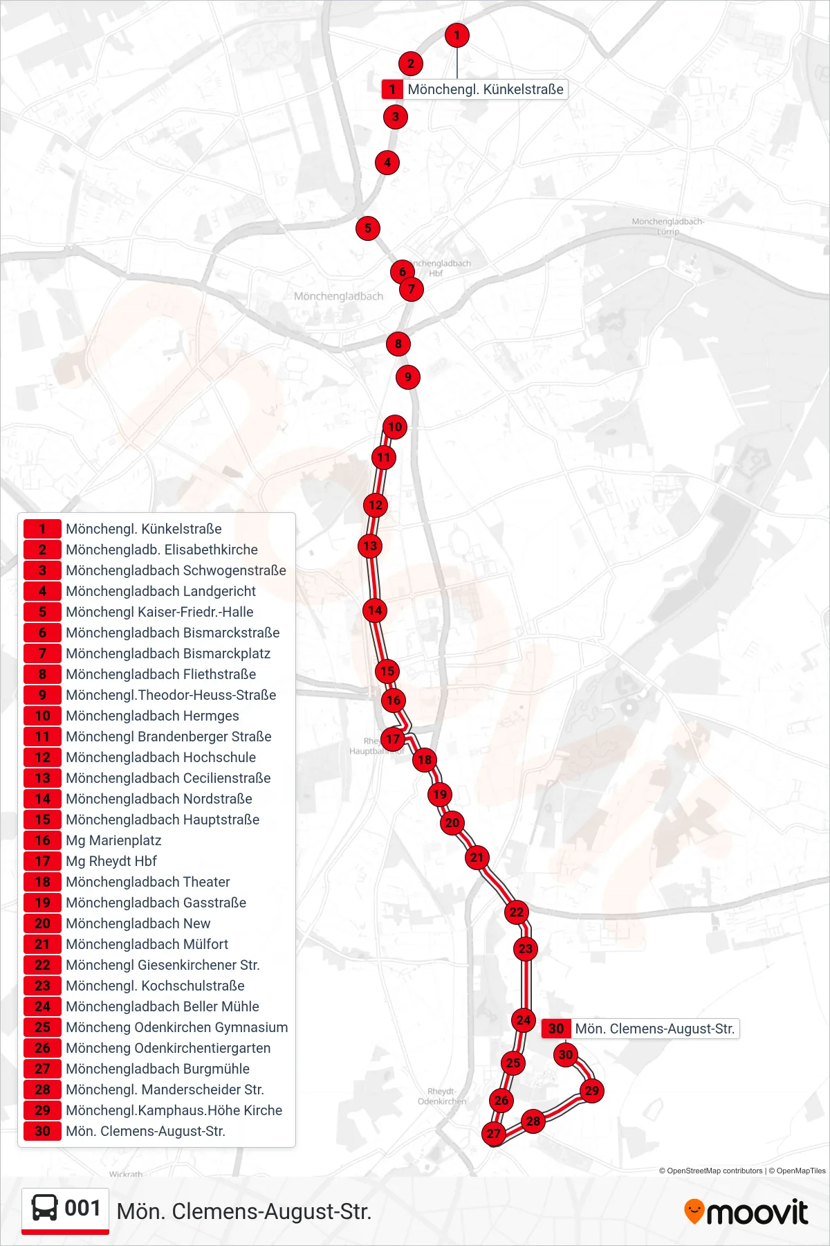 001 bus Line (Mön. Clemens-August-Str.) route and stops on a map