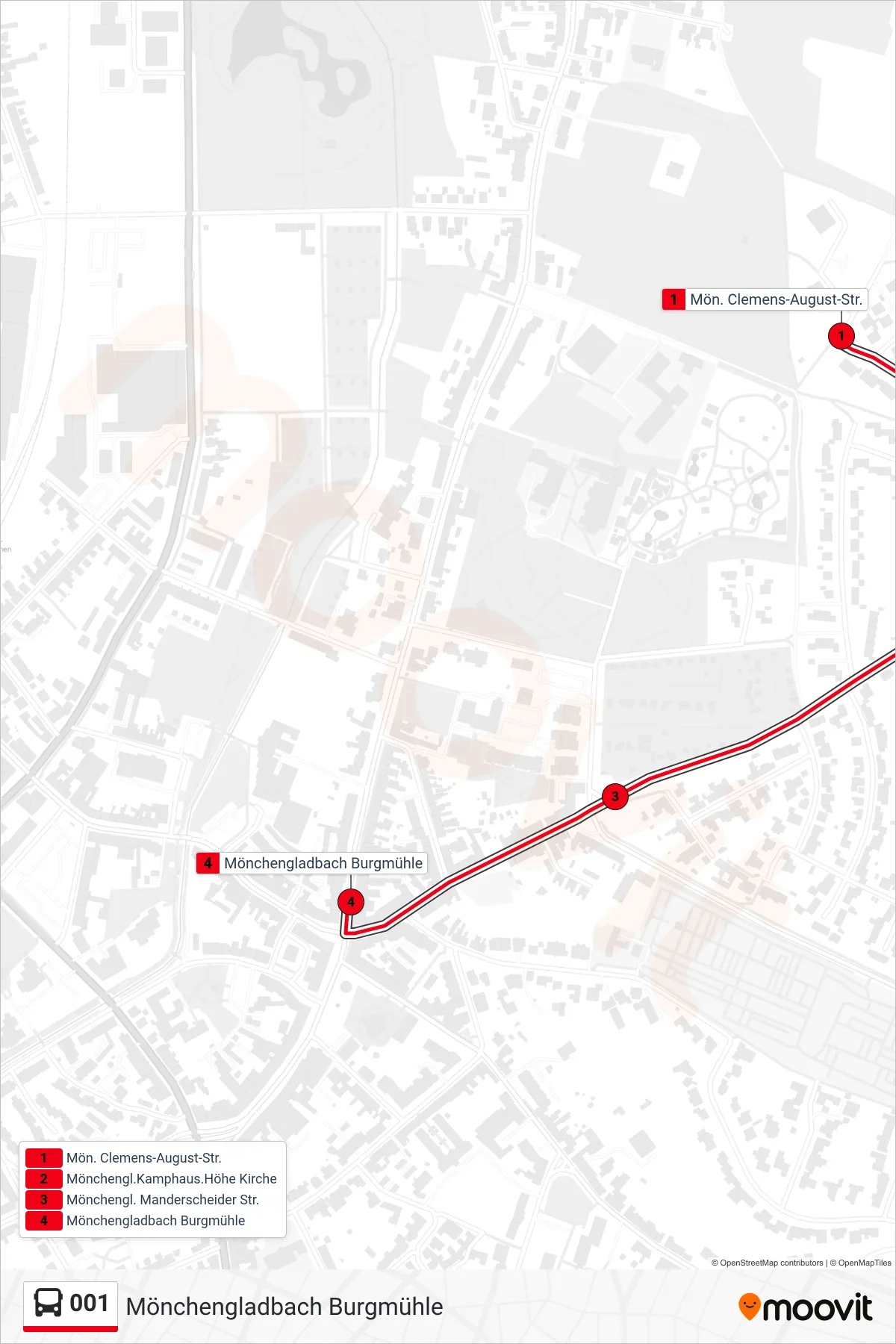 001 bus Line (Mönchengladbach Burgmühle) route and stops on a map