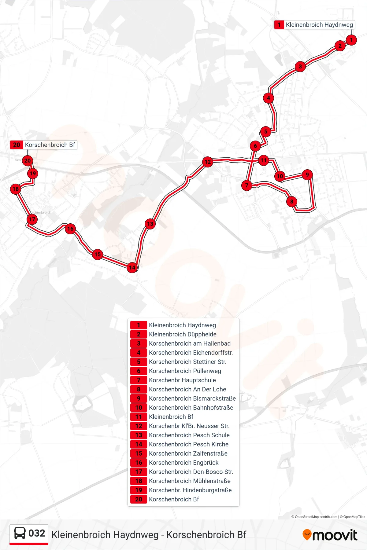 Linie 032 (Bus) Richtung Korschenbroich Bf: Route und Haltestellen auf der Karte
