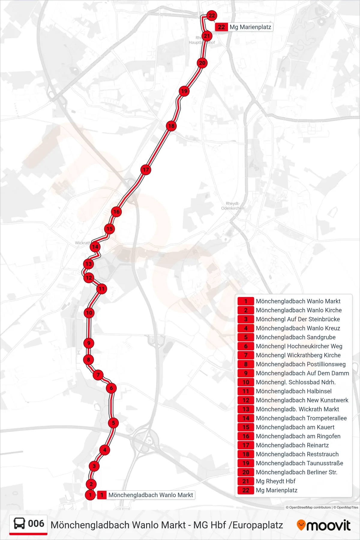 006 bus Line (Mg Marienplatz) route and stops on a map